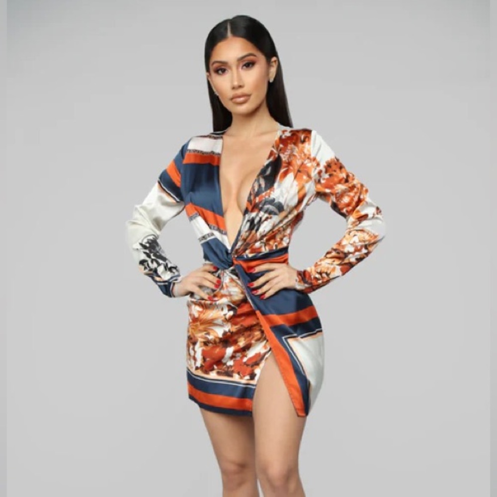 Fashion Nova Orange and White Ruched Wrap Dress